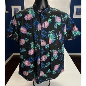 Arizona Black Pineapple Shirt Men’s Large Neon Tropical Fruit Print Button Up